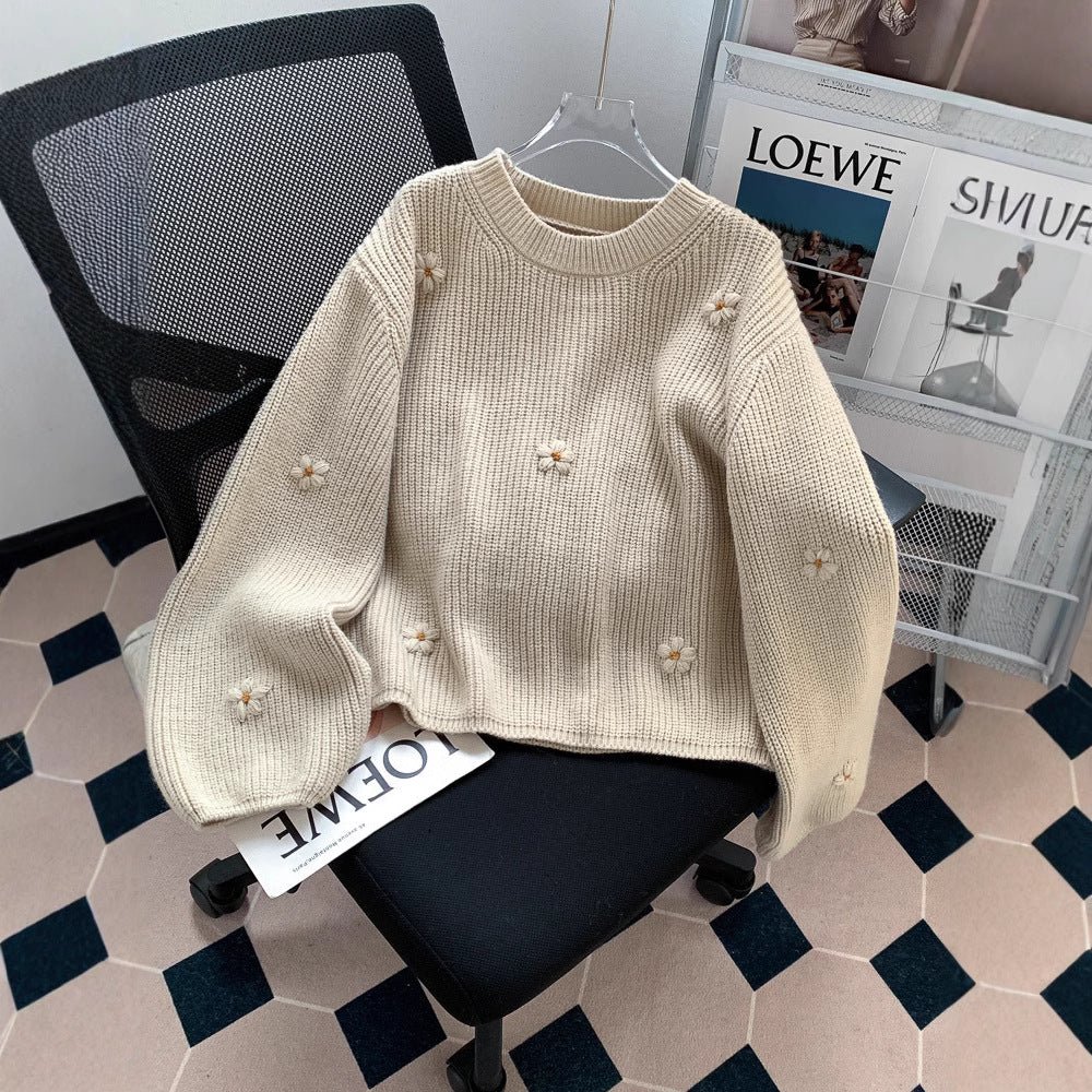 Loose and Lazy Style High-grade Korean Style Vintage Embroidered Flower Pullover Sweater