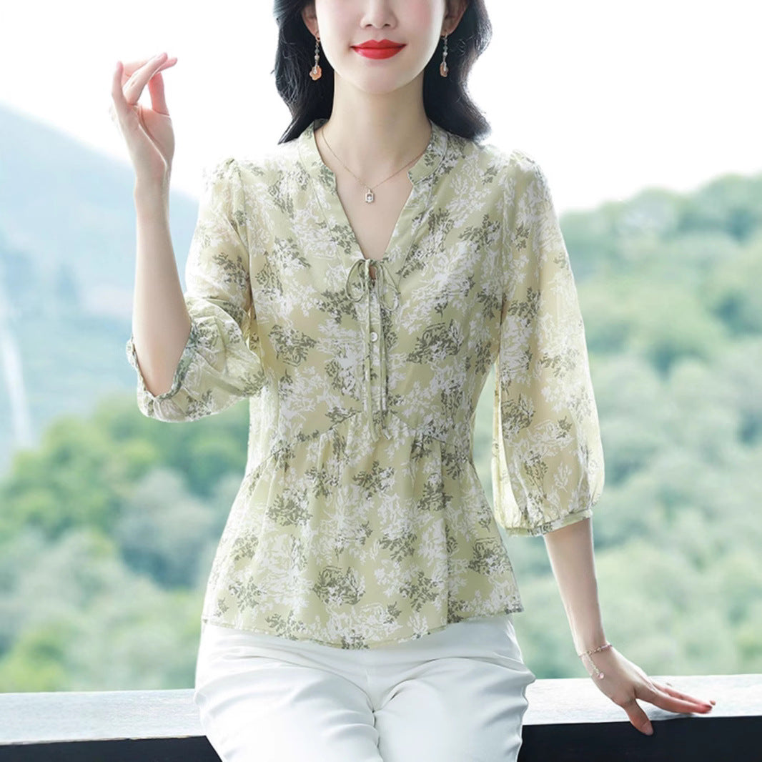Sweet V-neck Floral Shirt Womens Summer New Stylish Design