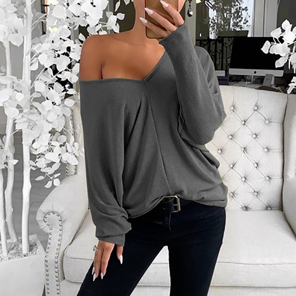 Women's Loose V-Neck Long-Sleeve Casual Pullover Tee