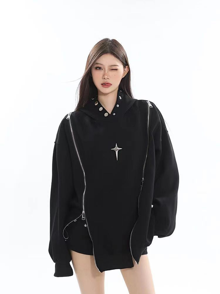 New Niche Shoulder Zipper Hooded Sweater Women's American Retro