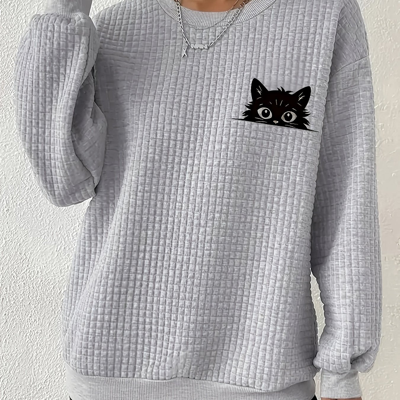 Plus Size Women's Long Sleeve Cat Print Waffle Knit Sweatshirt