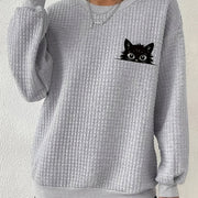 Plus Size Women's Long Sleeve Cat Print Waffle Knit Sweatshirt