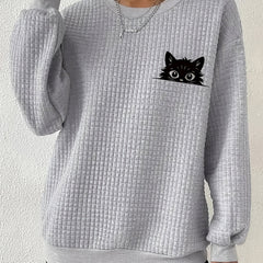 Plus size women’s long sleeve cat print waffle knit sweatshirt
