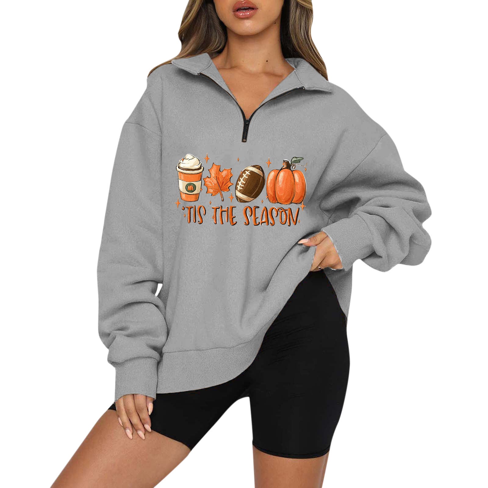 Halloween Pumpkin Print Casual Zipper Sweatshirt