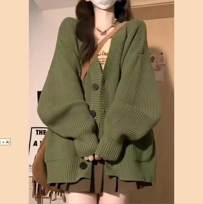 Womens Solid-color Loose-fit Korean-style Knitted Sweater
