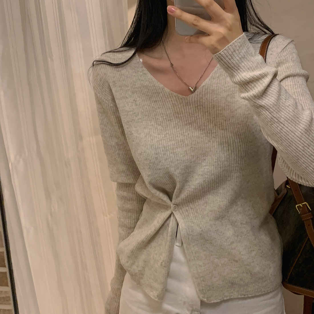 Women's Long Sleeve Bottoming V-neck Split Waist Fitted Thin Sweater
