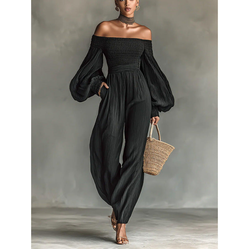 Elegant Off-Shoulder Pleated Long-Sleeve Jumpsuit