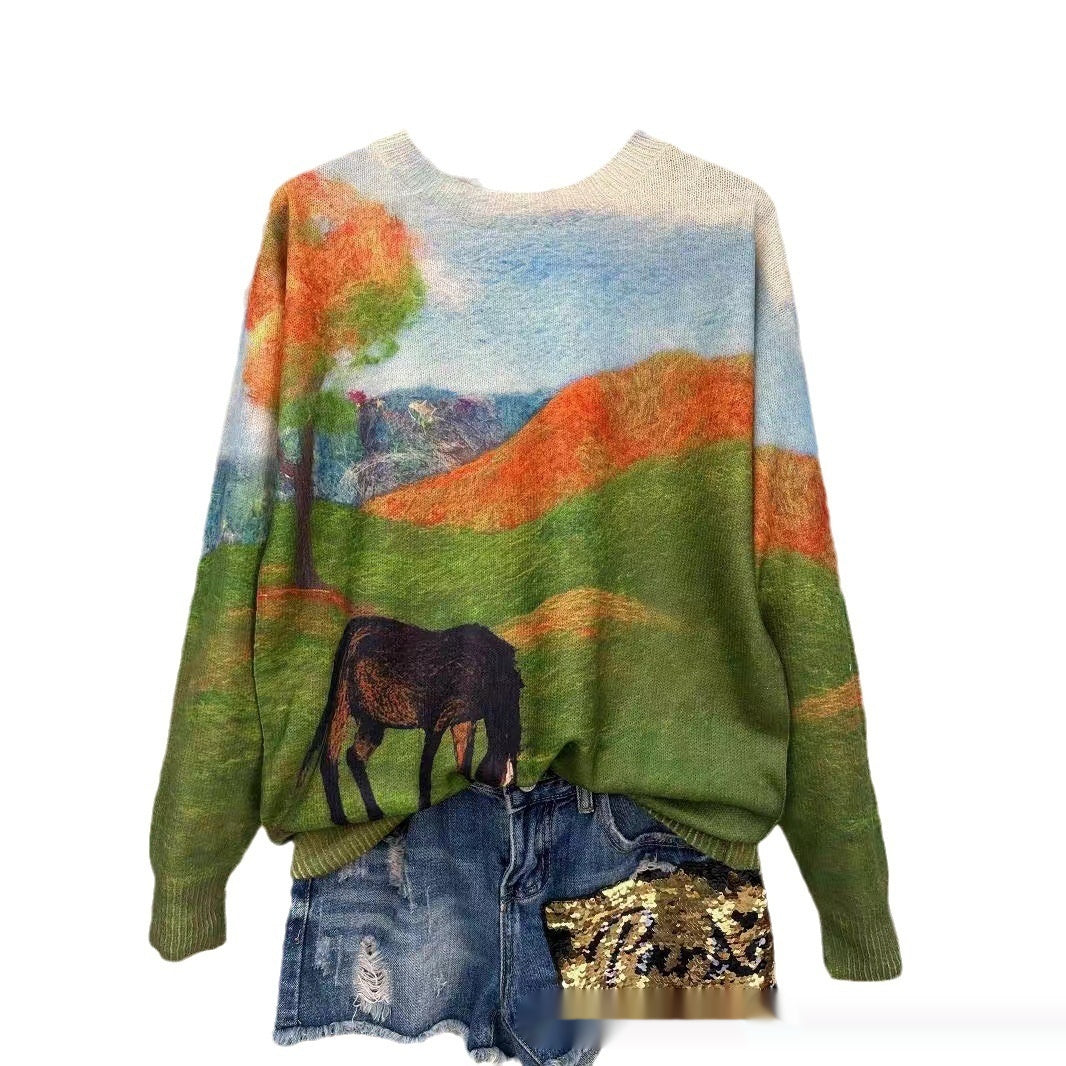 Chic Printed Long Sleeve Knitted Casual Top