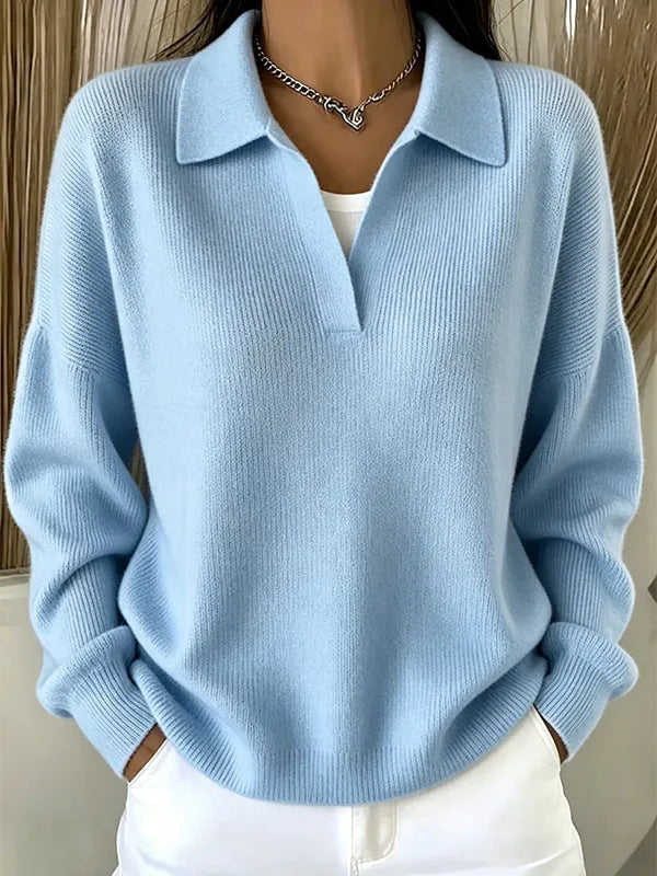 Turn-down Ribbed Knit Sweater Loose-fitting Figure-flattering Casual V-neck Pullover