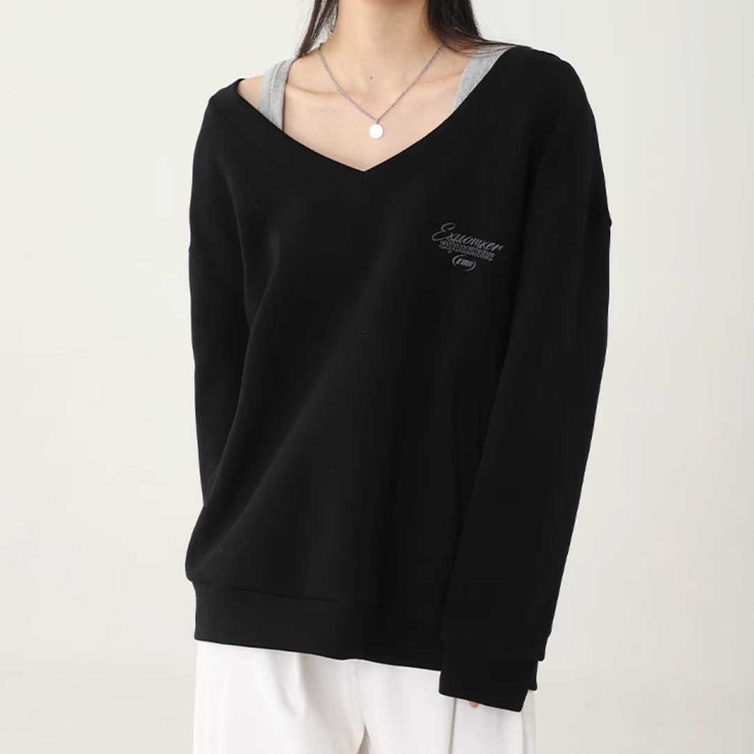 Women's Solid V-Neck Casual Long Sleeve Pullover Hoodie