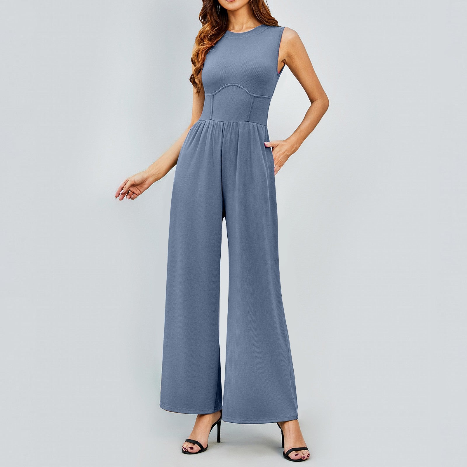 Womens Round-neck Solid-color Sleeveless Slim-fit Long Casual Jumpsuit
