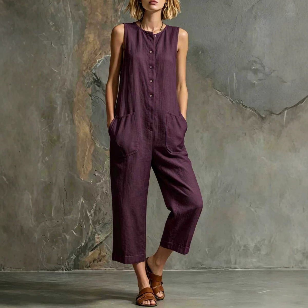 Retro Cotton-Linen Wide-Leg Cropped Jumpsuit