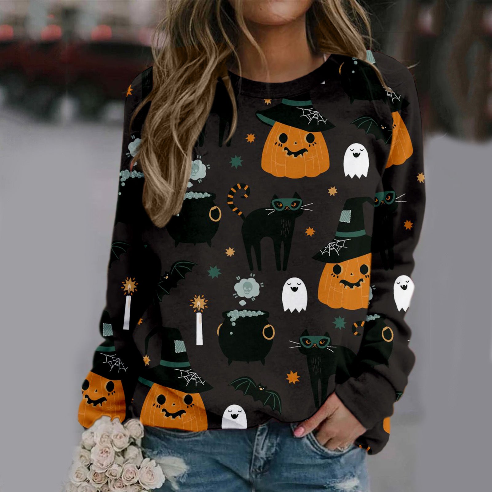 Women's Halloween Print Long Sleeve Casual Round Neck Sweater
