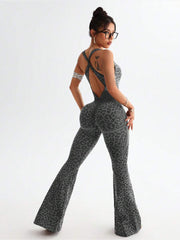 Women's Leopard Print Crisscross Back Seamless One-Piece Yoga Jumpsuit For Fitness & Sports