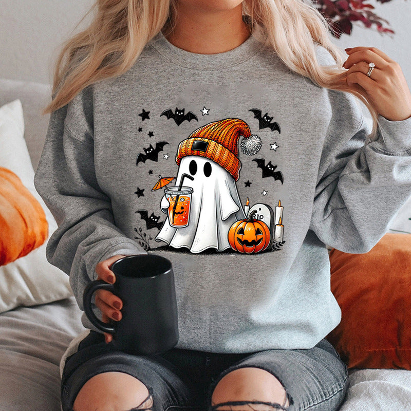 Women's Cute Halloween Ghost & Pumpkin Graphic Sweatshirt
