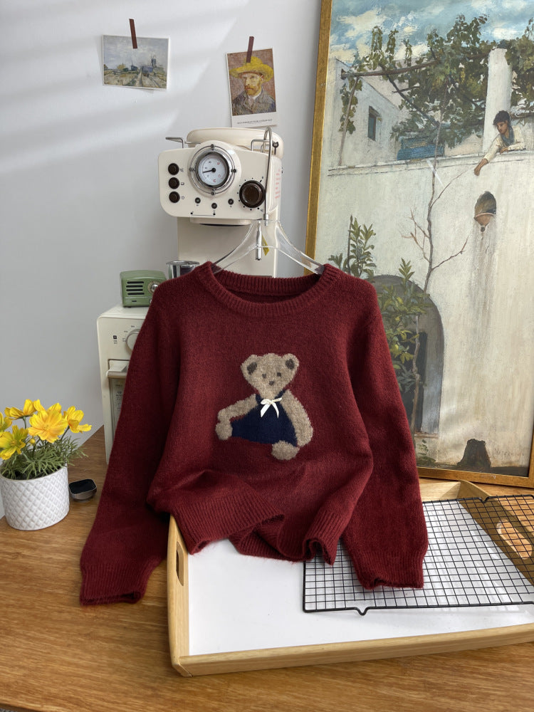 Japanese Bear Bow Cute Embroidery Autumn Winter Soft and Comfortable Sweater