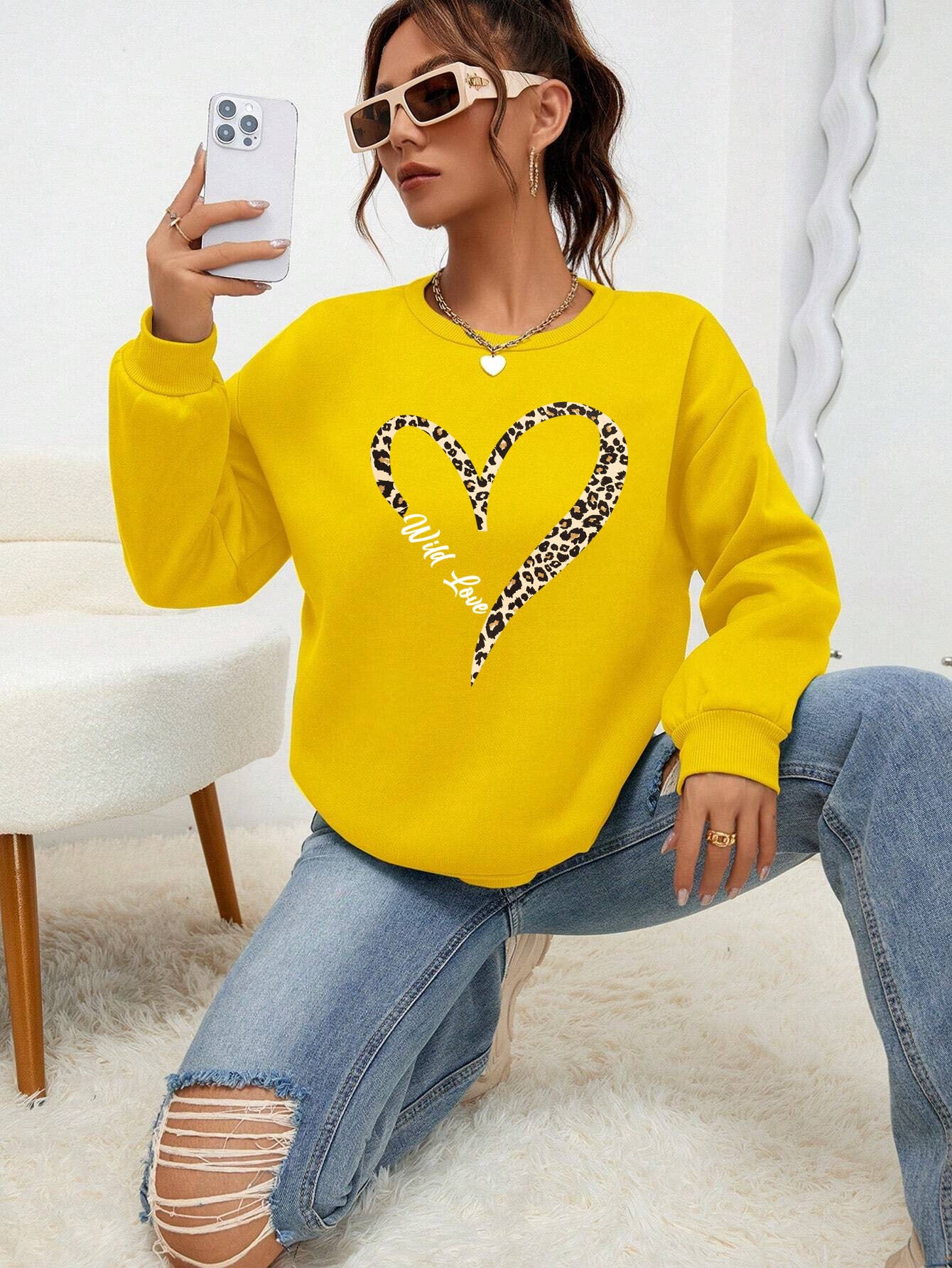 Leopard Wild Heart Print Sweatshirt Set