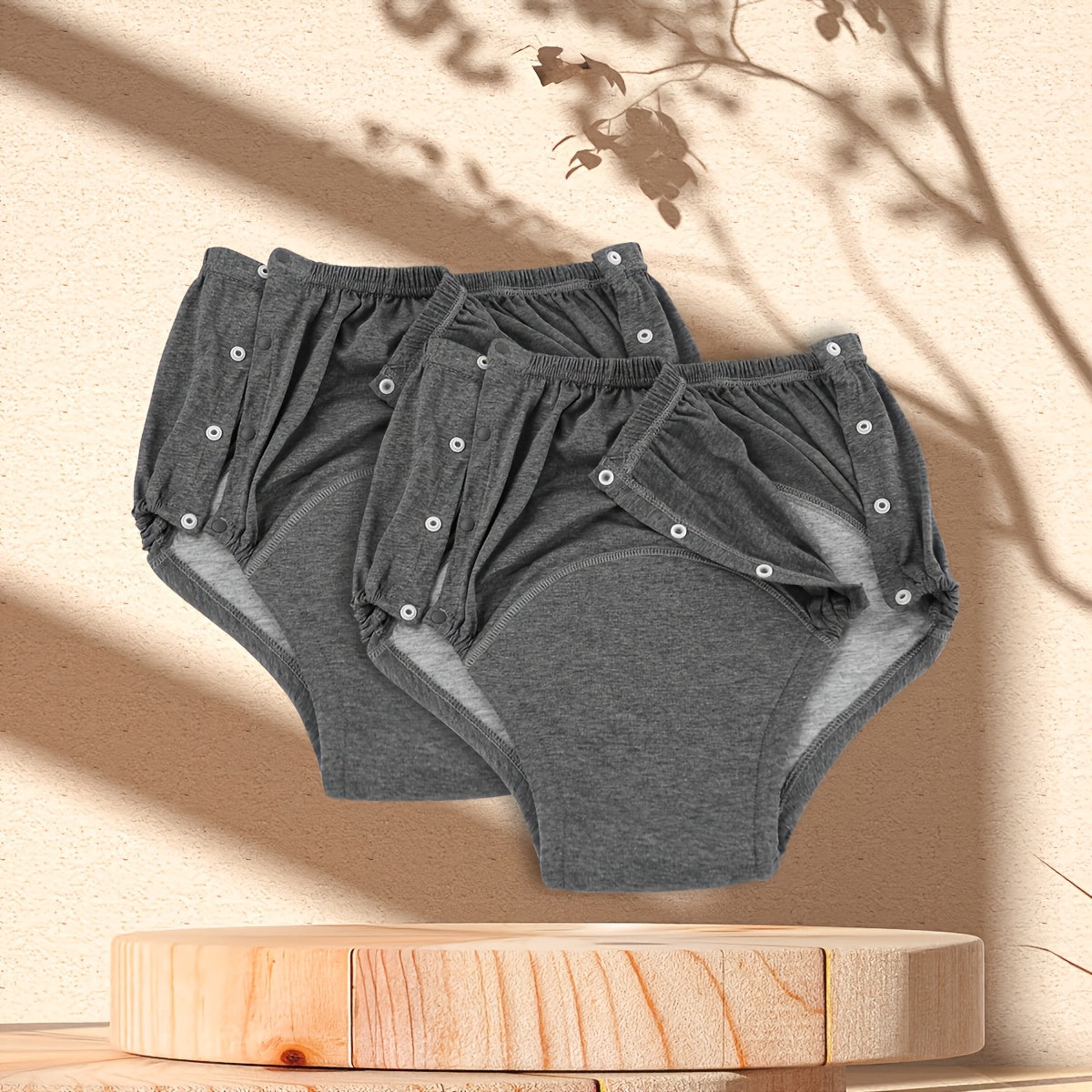 Gray Double‑Sided Opening Underwear – 2 Pack, Soft Quick‑Absorbing Fabric with Snap Buttons, Unisex