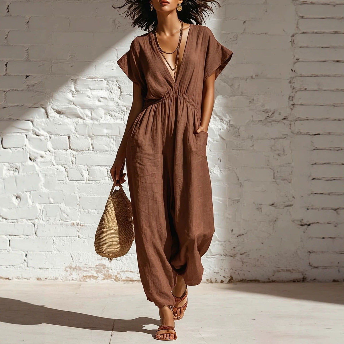 Womens V-neck Relaxed-fit Waist-cinching Jumpsuit