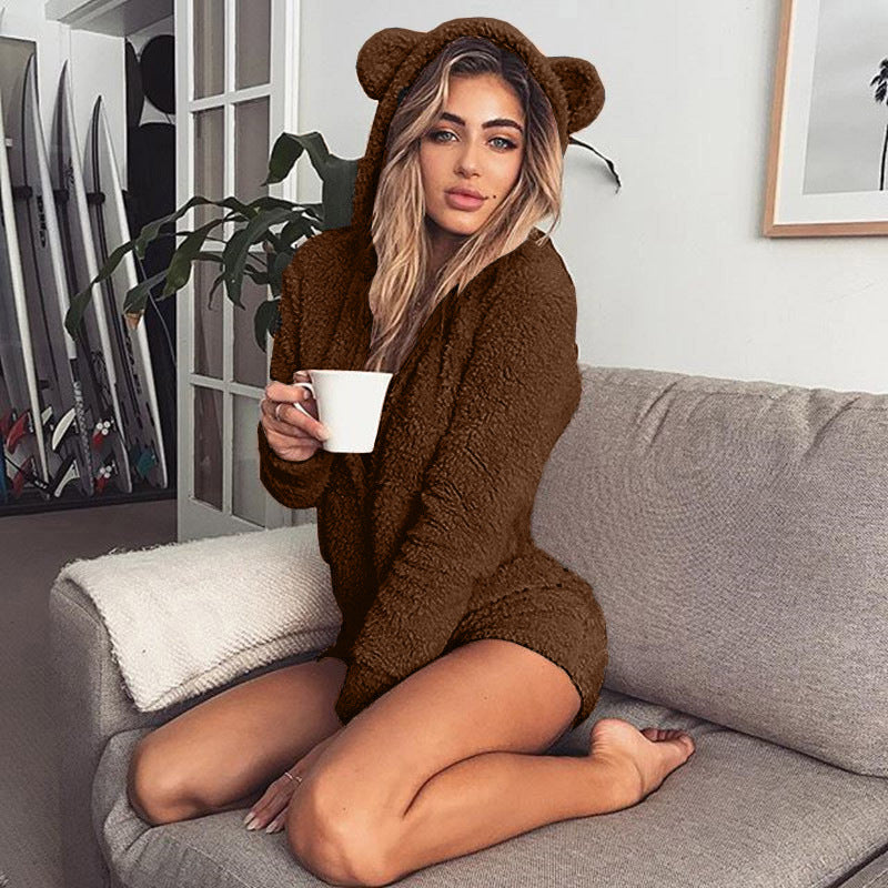 Plush Solid Color Long Sleeve Hooded Cute Women's Clothing Jumpsuit