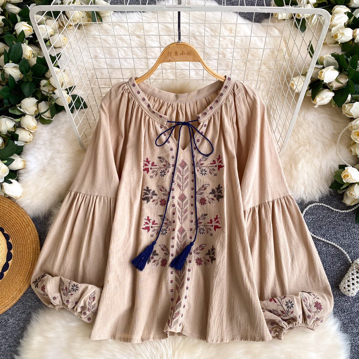 Boho Embroidered Long-Sleeve Shirt – Floral & Geometric Prints