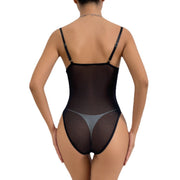 Women's Lace Mesh Sheer Jumpsuit with Metal Chain Straps