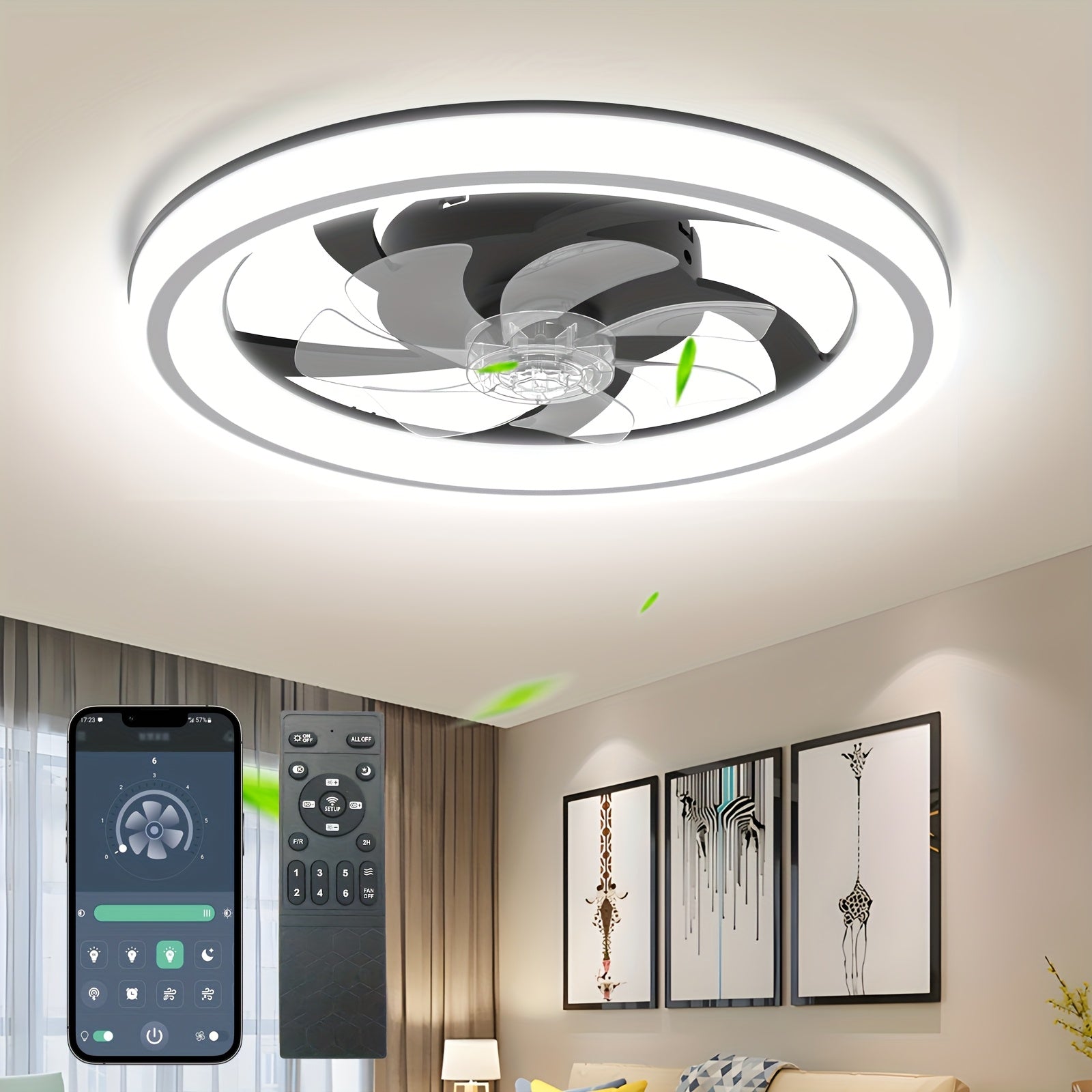 20-Inch Modern Dimmable LED Ceiling Fan with Light, Remote & App Control