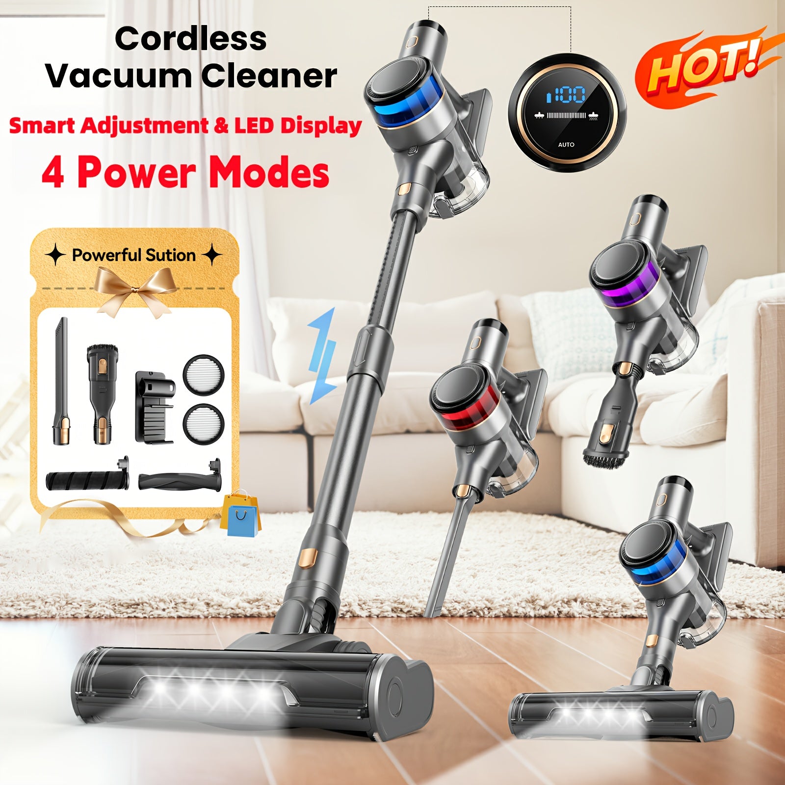 INSE Vacuum Cleaners for Home, 46KPa, 6-in-1 Rechargeable Powerful Handheld Vacuum Cleaner/High Suction/Detachable Battery, Running Time 45 Minutes, 50.5oz Dust Cup, LED Brush, Vacuum Cleaners for...