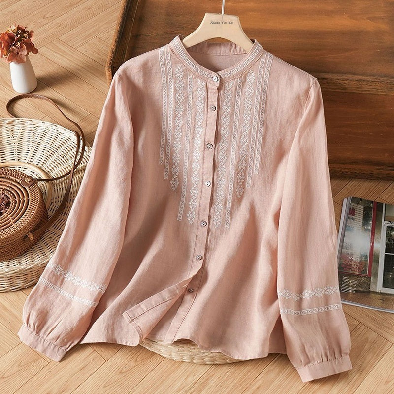 Cotton And Linen Embroidered Shirt Women's Top