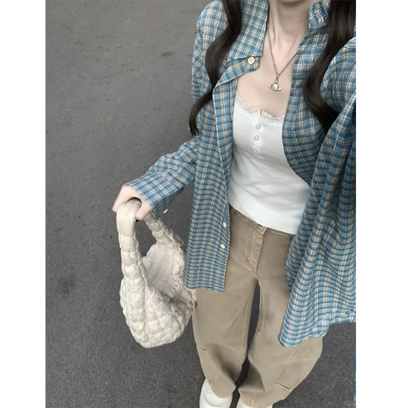Early Spring New Blue Color Plaid Shirt For Women
