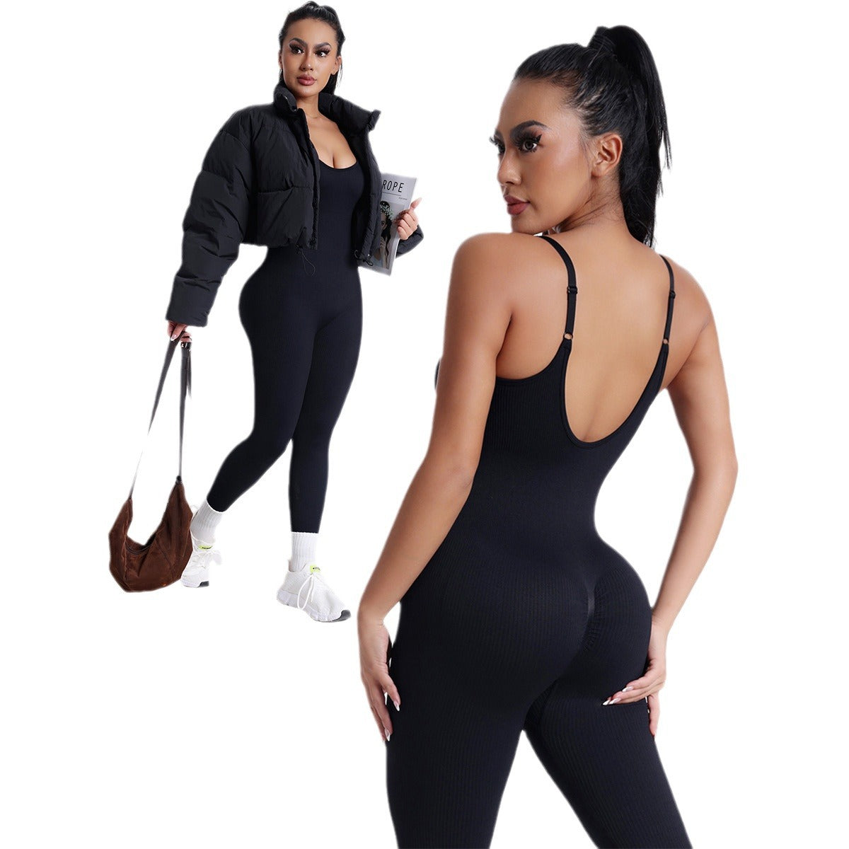 Seamless Ribbed Backless Workout Jumpsuit