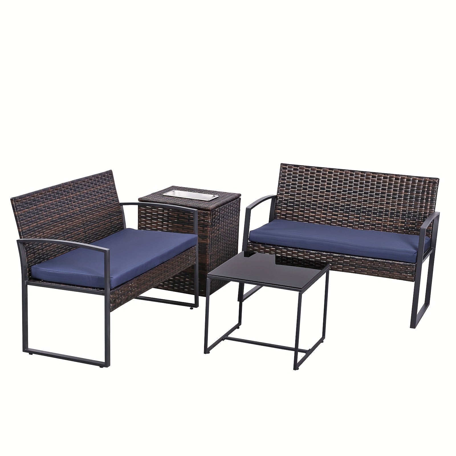 4pcs Outdoor Patio Furniture Set, Wicker Patio Sofa Set with Built-in Ice Bucket Storage Box, Loveseat And Coffee Table, All-Weather Outdoor Conversation Set, Ideal for Garden, Porch, Backyard