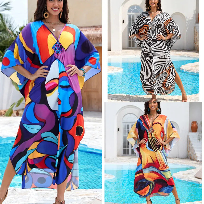 Printed Beach Cover-up Hand-knitted V-neck Plus-size Dress