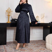 Long-sleeved Waist-cinched Jacquard Dress with Spliced Feather Sleeves