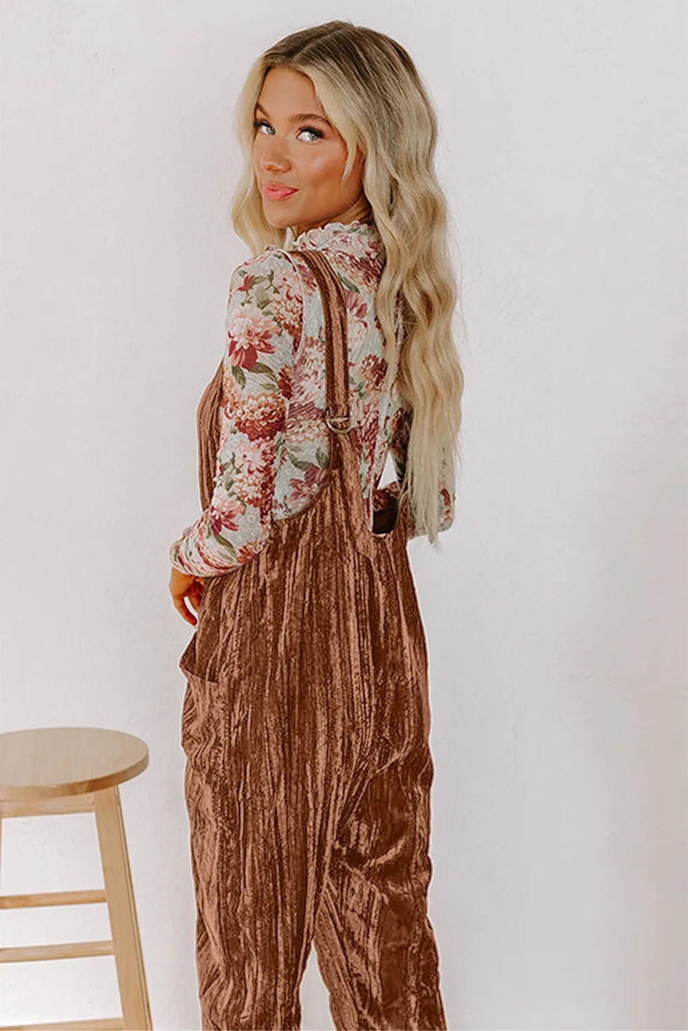 Chicory Coffee Velvet Adjustable Jumpsuit with Pocket
