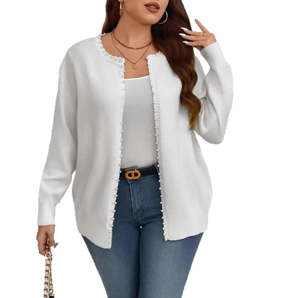 Solid Color Pearl Trim Long Sleeve Cardigan Plus Size Knitwear