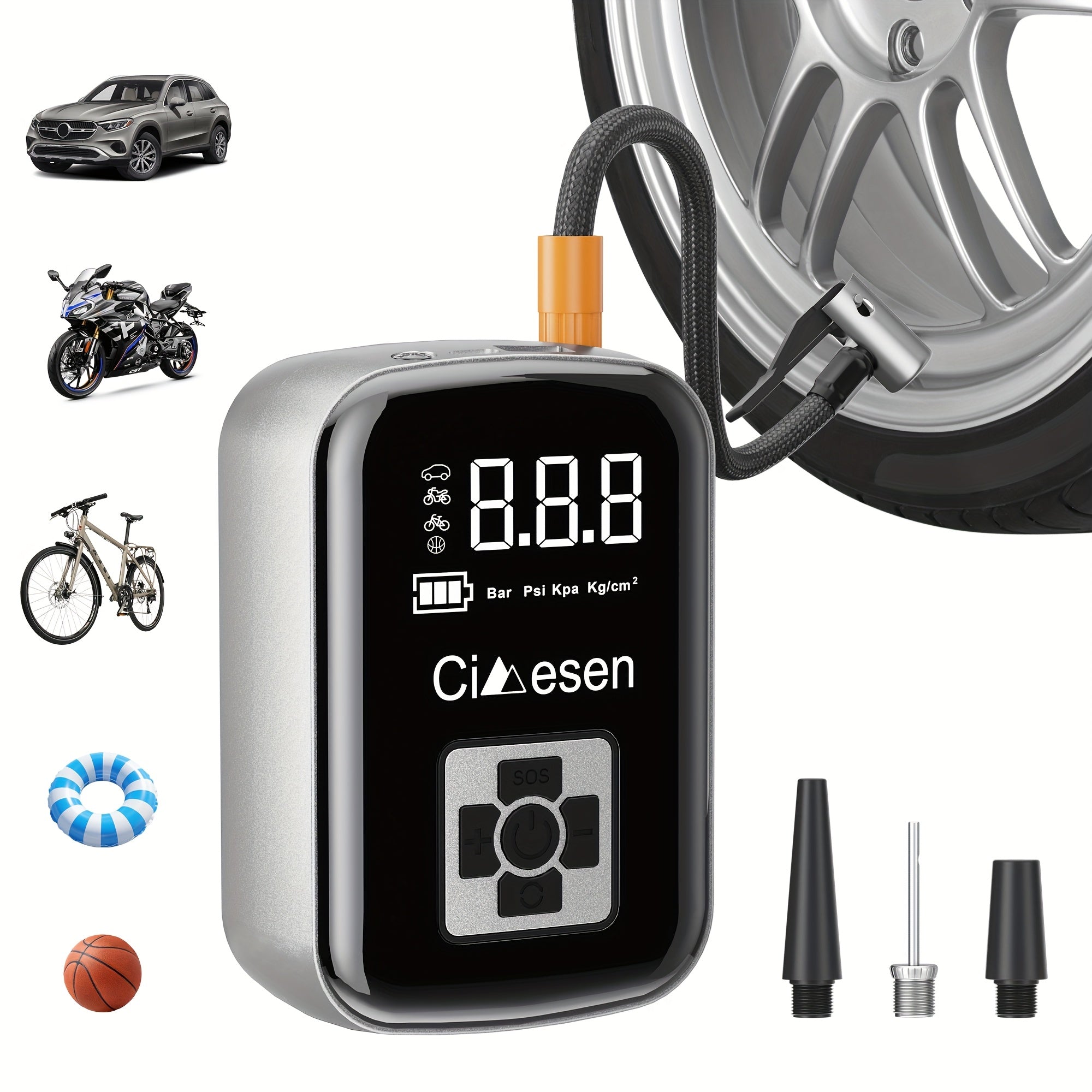 Portable Cordless Tire Inflator with Digital Display and Multi-Nozzle Adapter