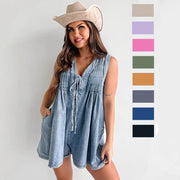 Women's Sleeveless Denim Casual Wide-Leg Jumpsuit