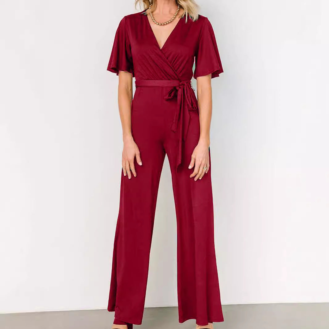 Women's Solid Short Sleeve Belted Casual Jumpsuit