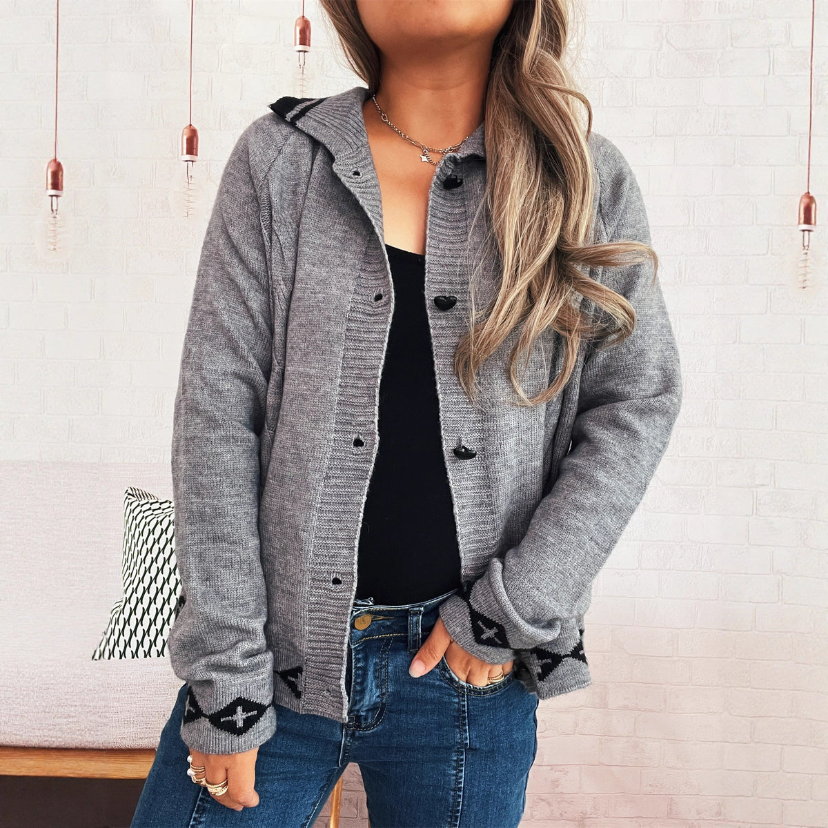 Retro Pattern Cute Love Button Lapel Long Sleeve Sweater