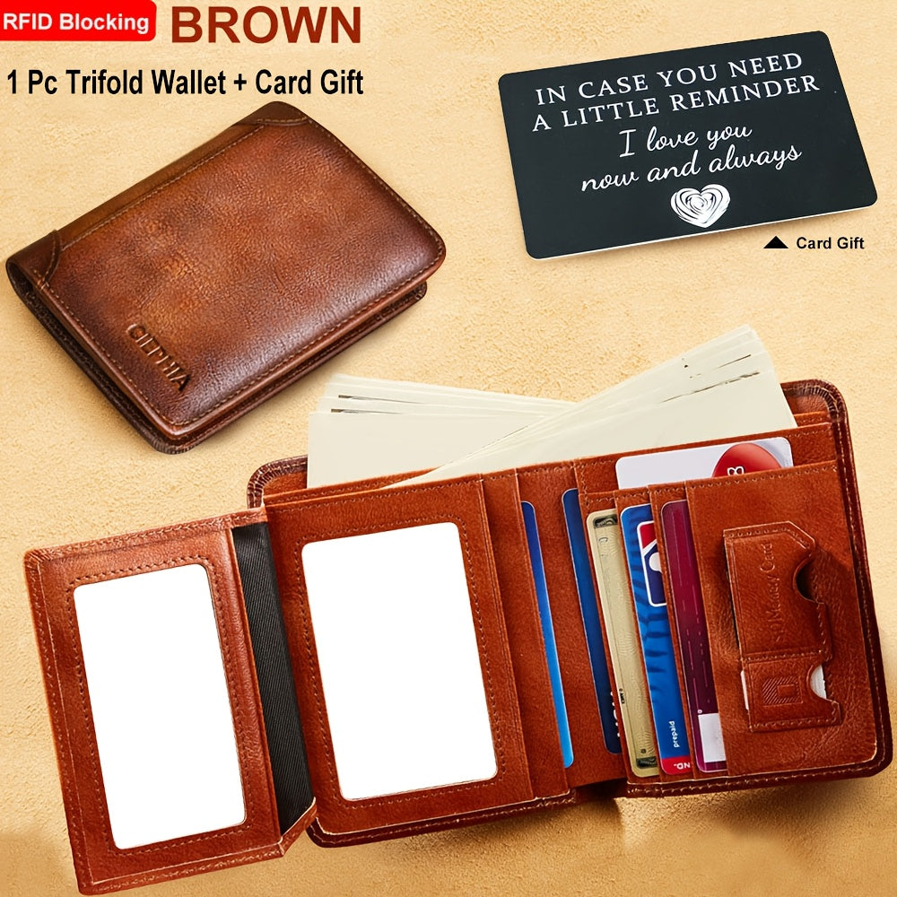 RFID Blocking Trifold Leather Wallet – Cowhide, Vintage Short Design with Money Clip and 2 ID Windows