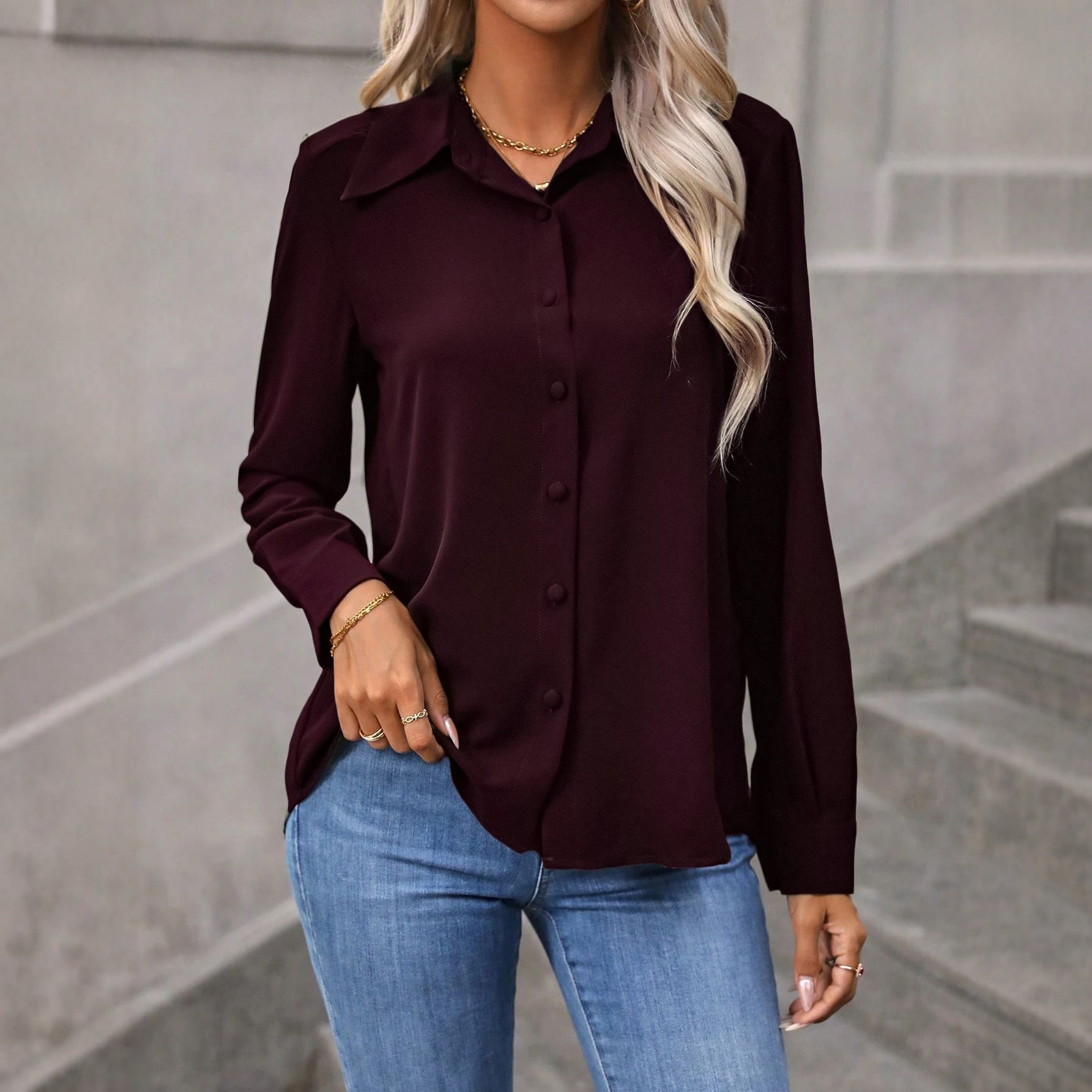 Elegant Burgundy Long-Sleeve Button-Down Shirt – Classic Workwear