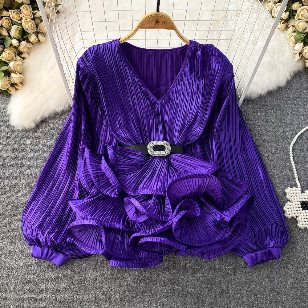 Lantern Long Sleeve V-neck Loose Belly-covering Waist Ruffle Hem Pullover Shirt