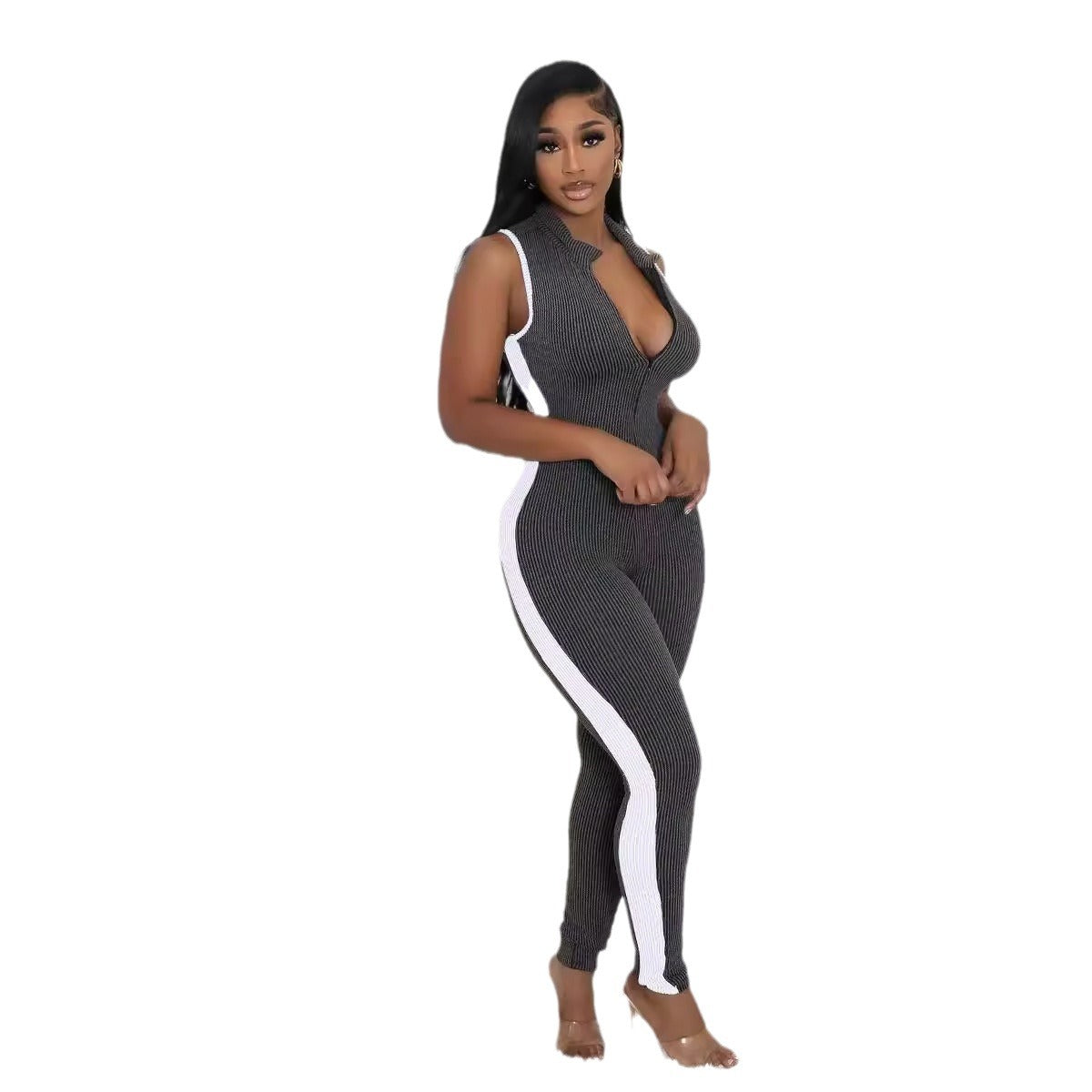 Fashion Zipper Stripe Stitching Jumpsuit