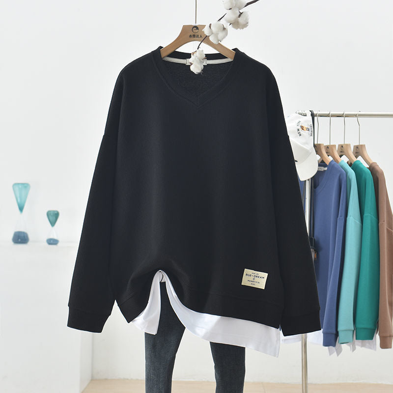 Oversized V-Neck Waffle Knit Sweater for Women