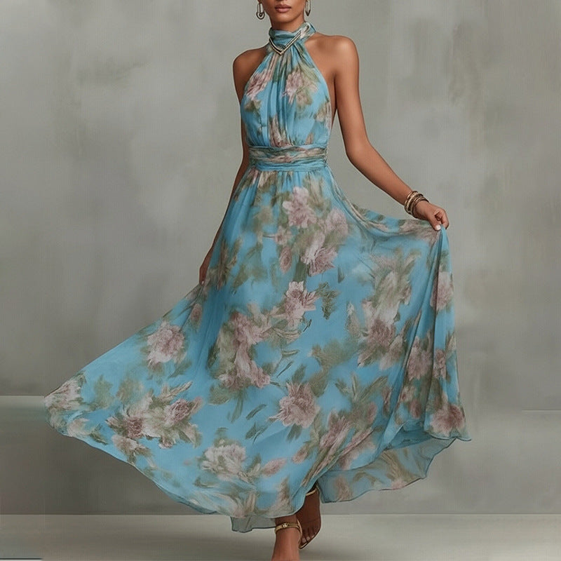 Elegant Summer Halter Neck Sleeveless Printed Long Dress