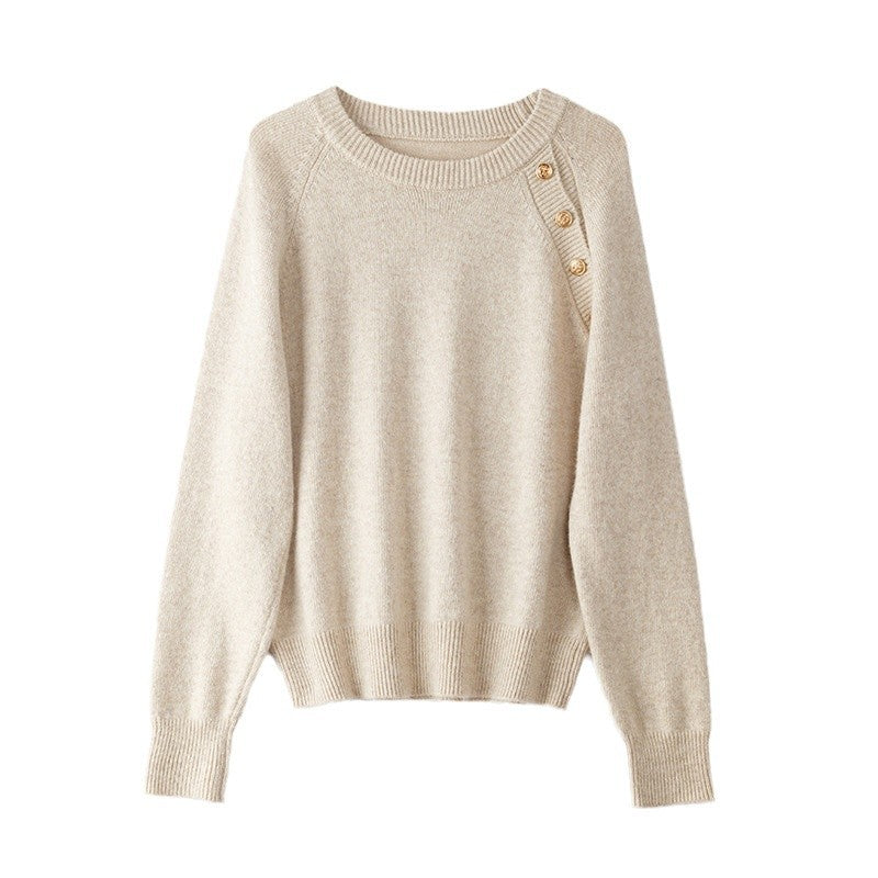 French Style Gold Buckle Design Sense Lazy and Loose Knitwear Sweater