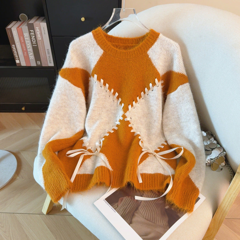Drawstring Sweater Contrast-color Knit Top for Women