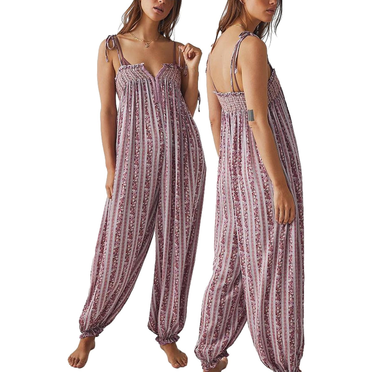 Womens Printed Loose-Fit Figure-Flattering Jumpsuit