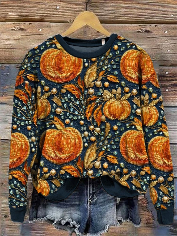 Women's Festive Pumpkin Print Crewneck Sweatshirt